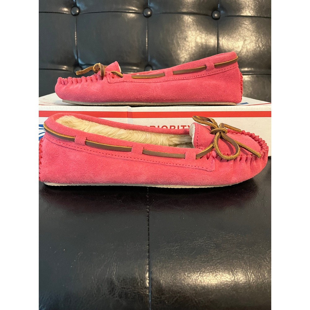 Minnetonka Cally Pink Suede Faux Fur Lined Moccasin Slippers